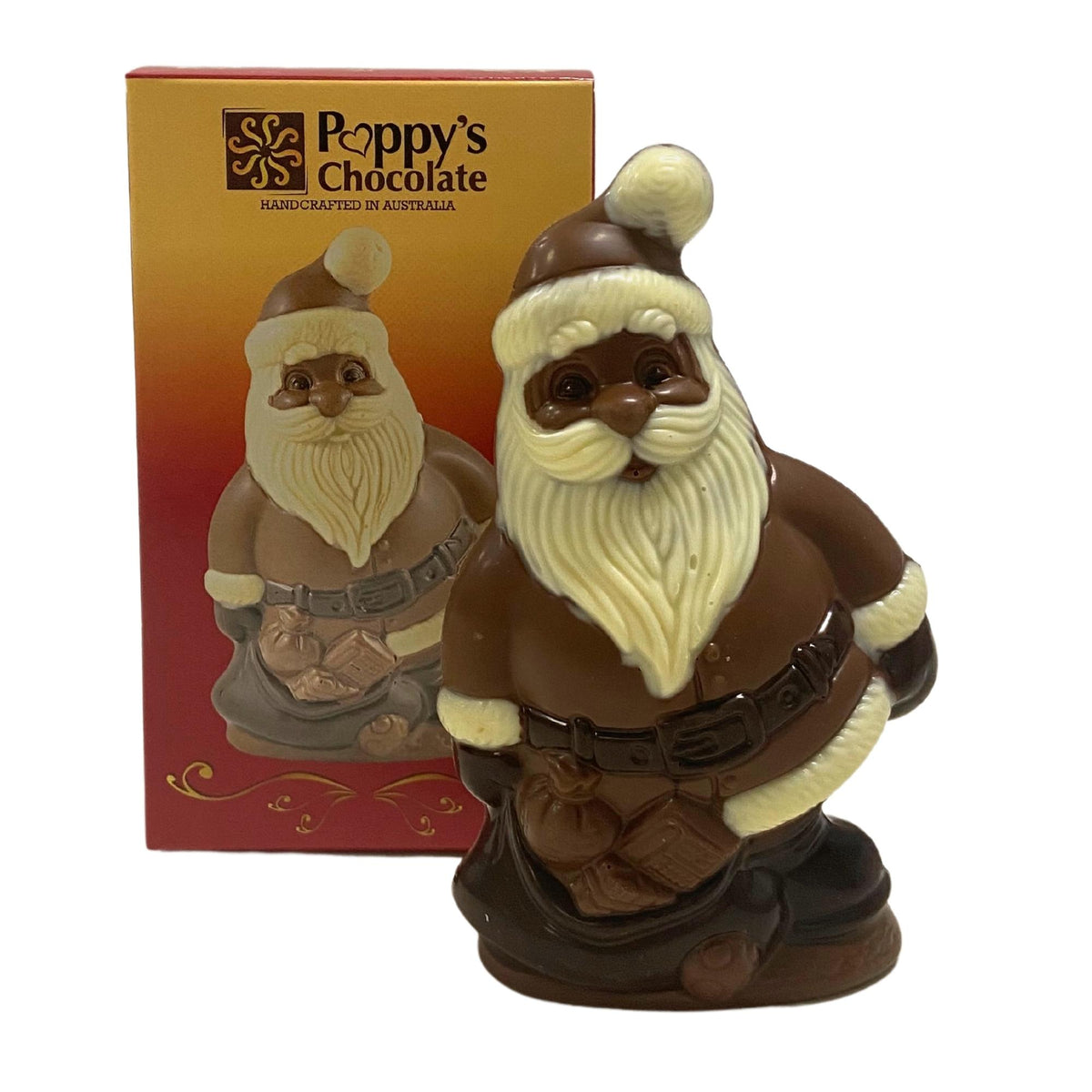 Milk chocolate Santa with a bag of presents beside its red and gold Poppy’s Chocolate gift box.