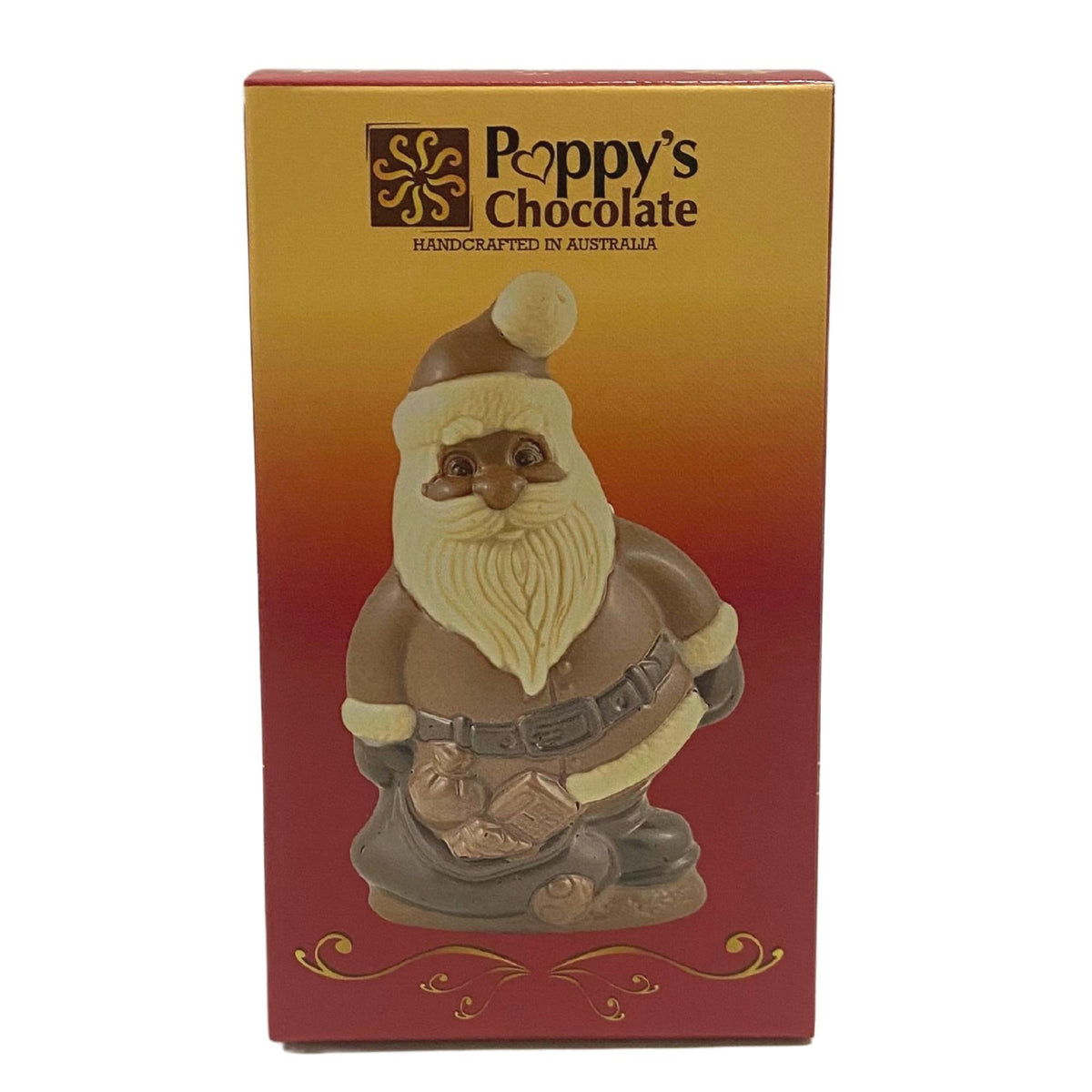 Front of the gift box for the 124mm milk chocolate Santa with a bag of presents.