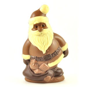 Unboxed milk chocolate Santa holding a bag of presents, with a cream-coloured beard and dark boots.