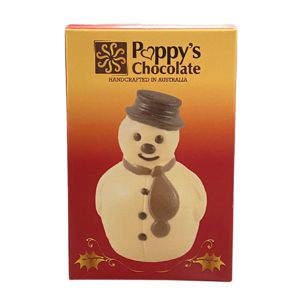 Front of the red and gold snowman gift box featuring a snowman illustration.
