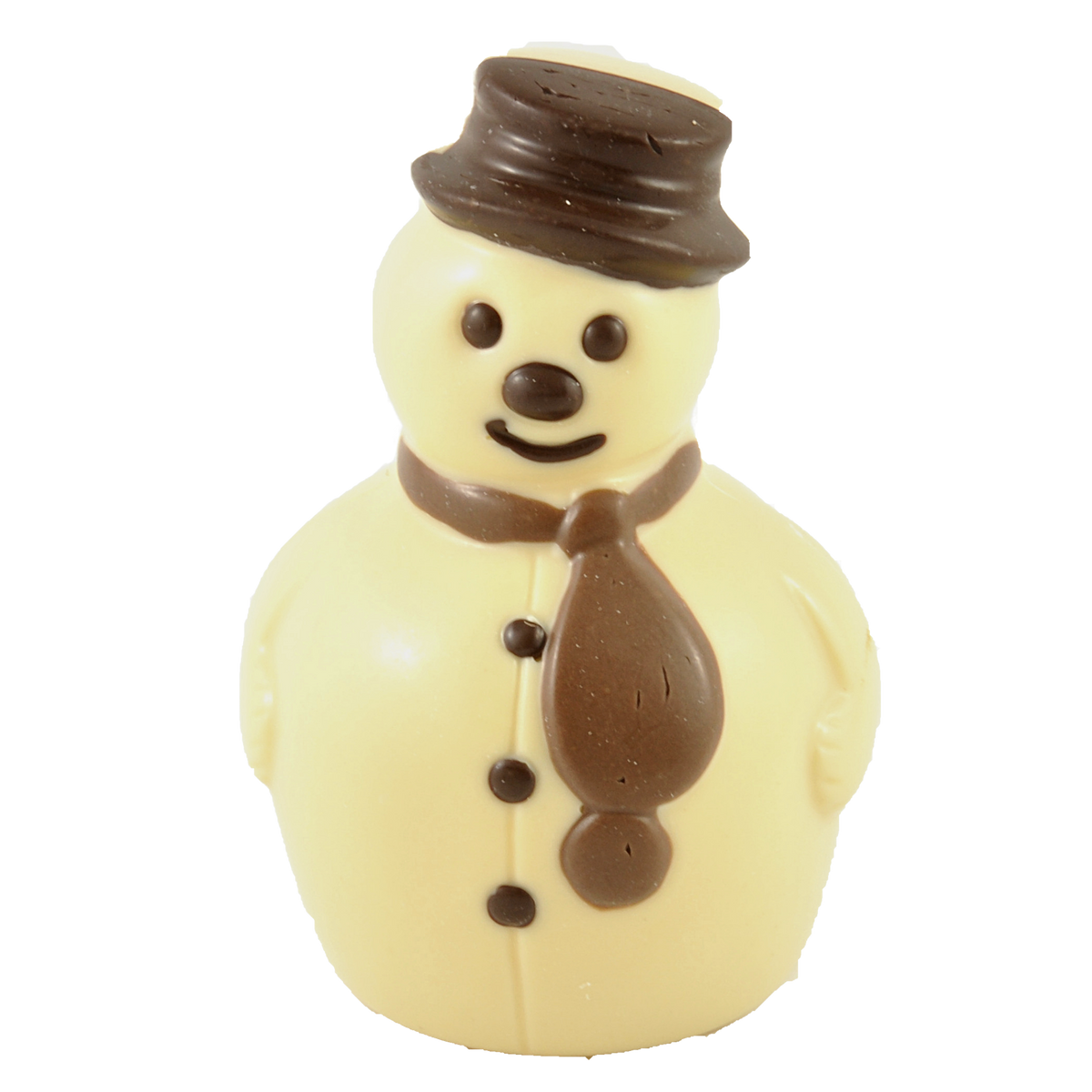 Unboxed white chocolate snowman with a smiling face, chocolate top hat, scarf and buttons.