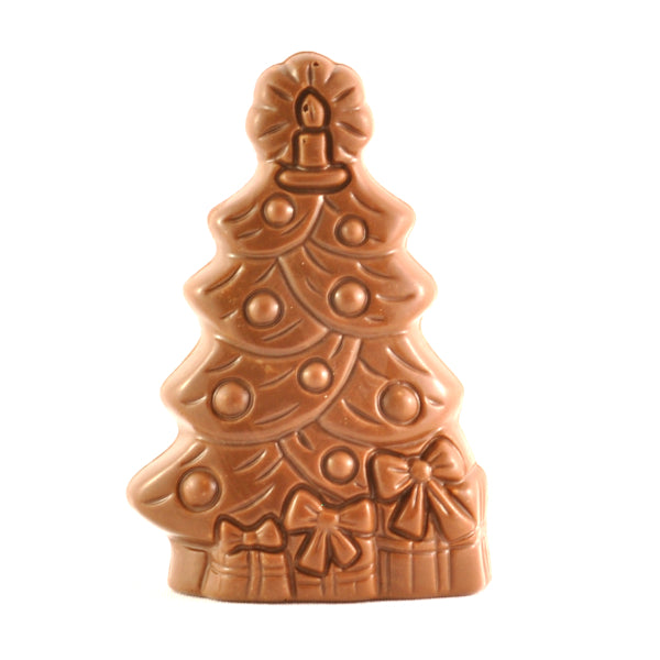 Introducing Poppy&#39;s Chocolate&#39;s Christmas Tree - Milk Chocolate, a delicious treat shaped like a Christmas tree and adorned with festive round ornaments and a candle on top. This gluten-free chocolate is beautifully embellished with bows and gift designs at its base, making it the perfect addition to your holiday chocolates collection.