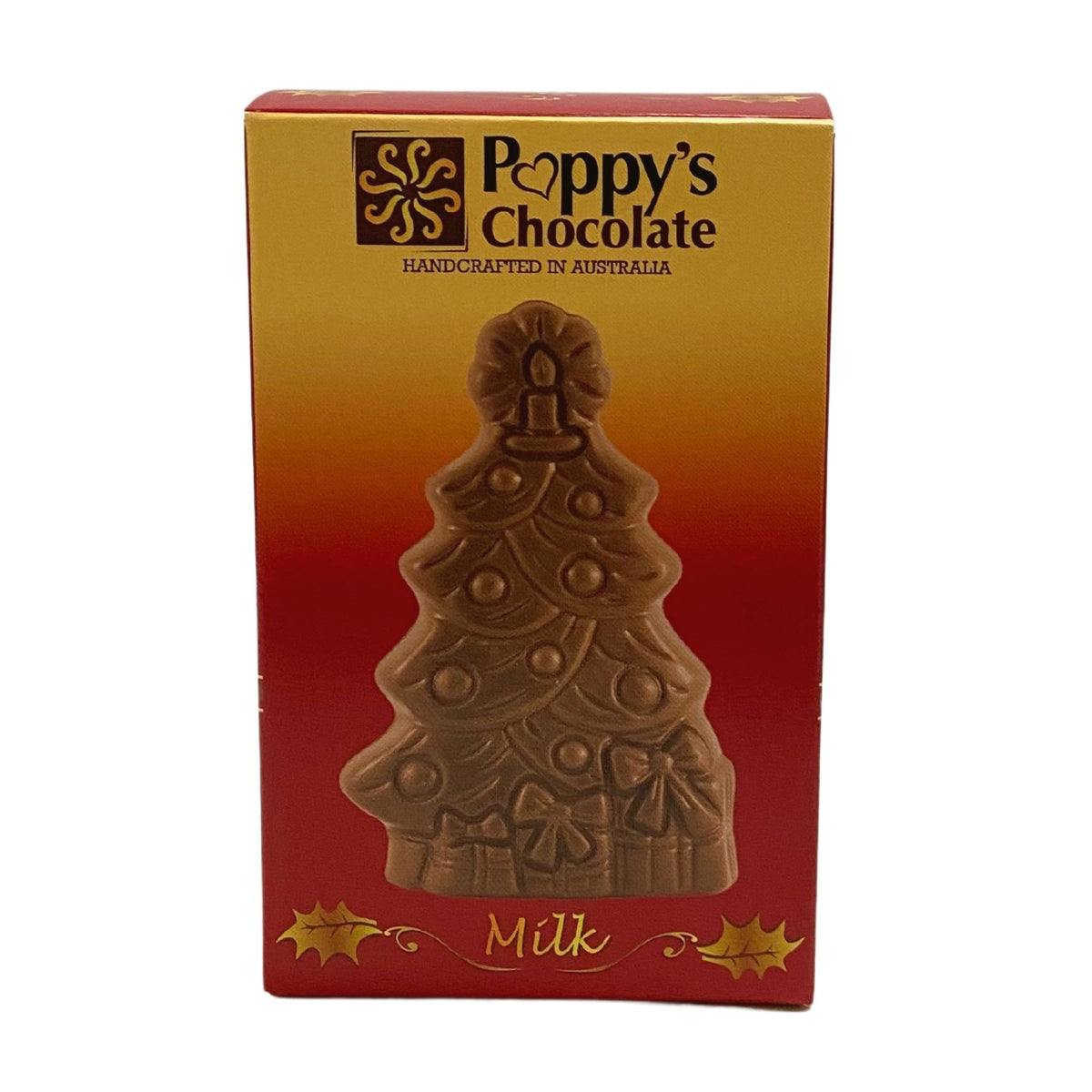 A vibrant red and orange box showcases a festive Christmas Tree-shaped milk chocolate. The label reads Poppy&#39;s Chocolate and Handcrafted in Australia. This gluten-free delight is adorned with decorations and surrounded by gift boxes.