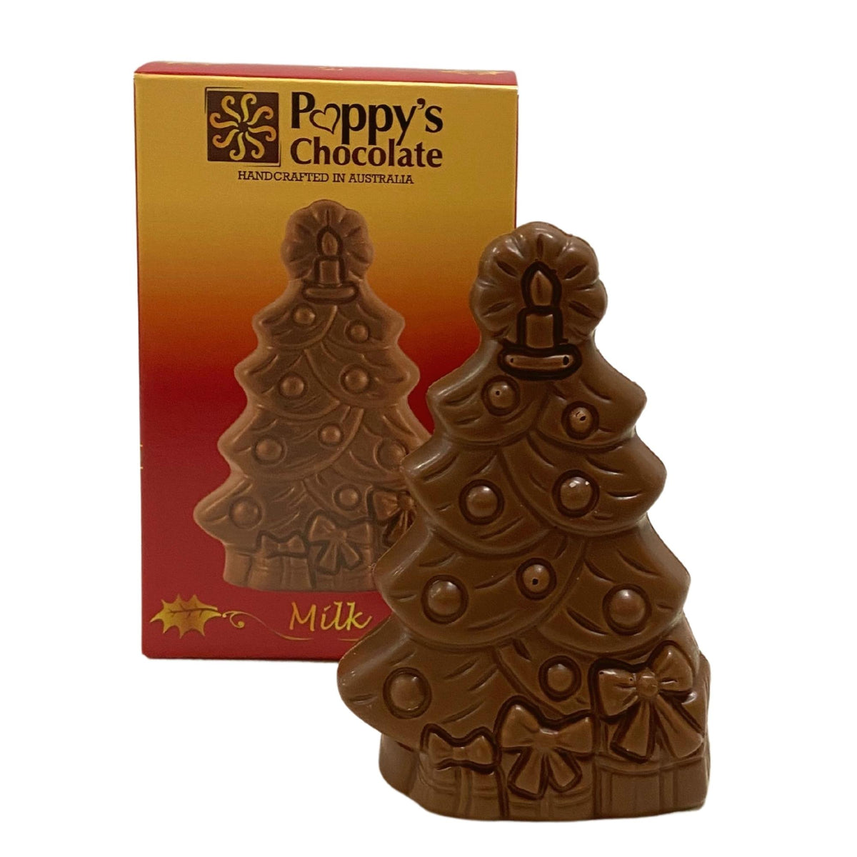 A milk chocolate Christmas tree, festooned with bows and ornaments, is beautifully presented in front of a vibrant box from Poppy&#39;s Chocolate. With its gluten-free certification and handcrafted quality from Australia, this Christmas Tree - Milk Chocolate is an ideal addition to any Christmas chocolates collection.